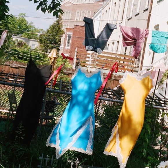 Blue bias cut lace trim slip dress - Picture 2 of 3